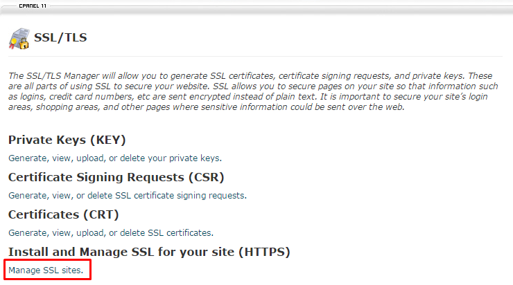 Chọn mục Manage SSL Sites